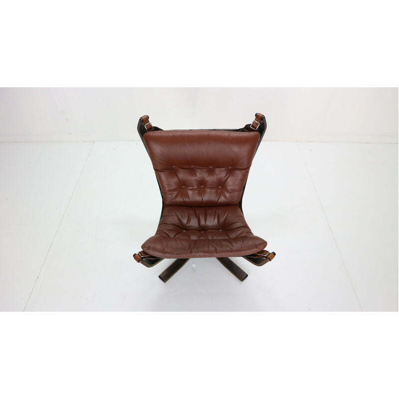 Fauteuil lounge vintage en cuir pour Vatne Møbler Sigurd Ressell Falcon Brown Norvège 1970