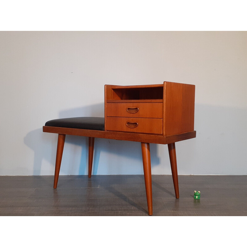 Vintage Teak and Black Leather Telephone Bench, Norwegian 1960