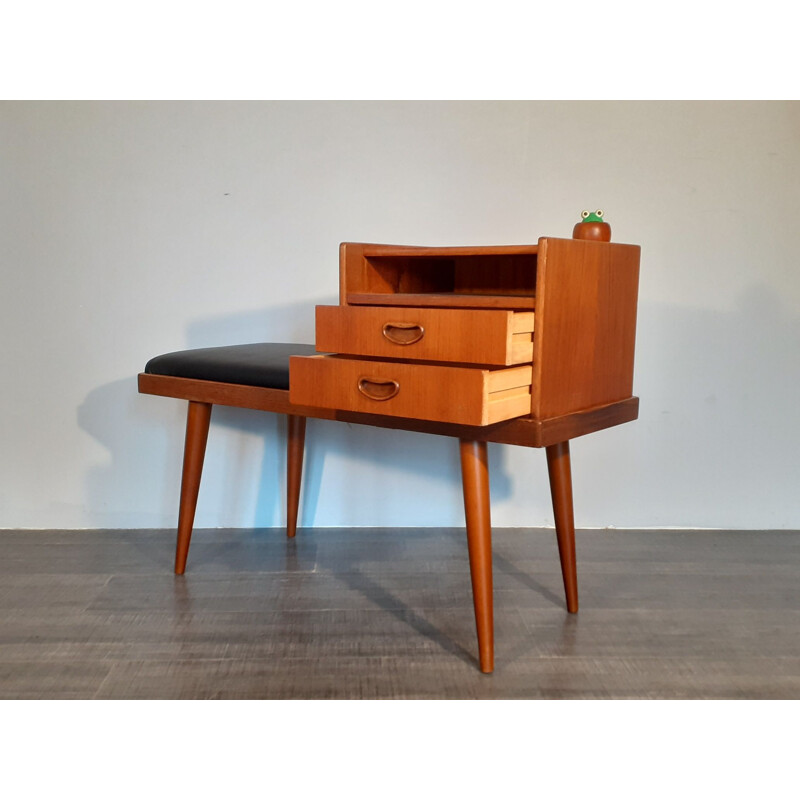 Vintage Teak and Black Leather Telephone Bench, Norwegian 1960