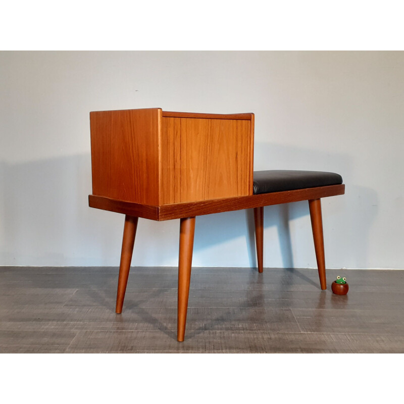 Banc Téléphone vintage Teak et Cuir Noir, Norvégien 1960