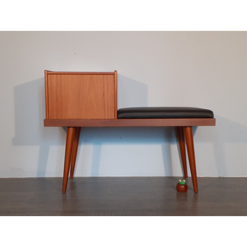 Vintage Teak and Black Leather Telephone Bench, Norwegian 1960