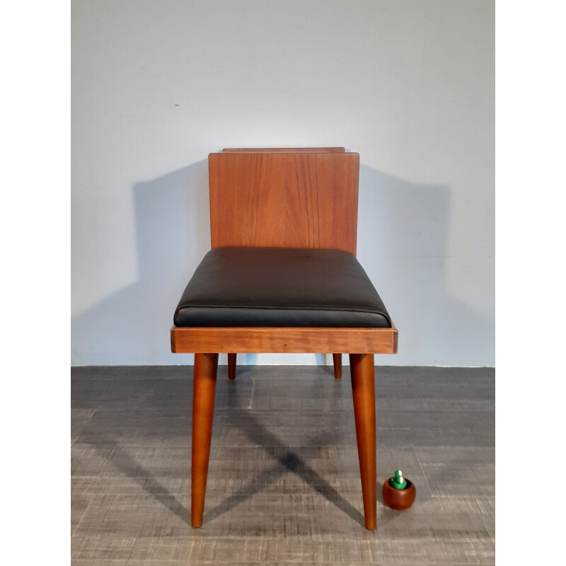 Vintage Teak and Black Leather Telephone Bench, Norwegian 1960