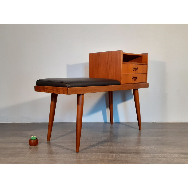 Vintage Teak and Black Leather Telephone Bench, Norwegian 1960