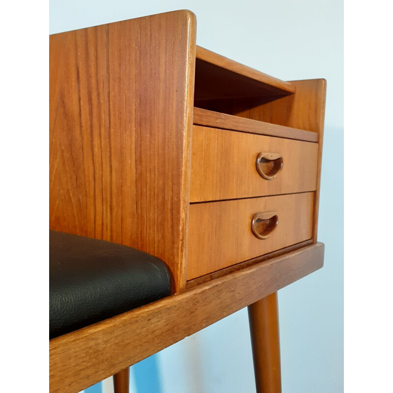 Vintage Teak and Black Leather Telephone Bench, Norwegian 1960