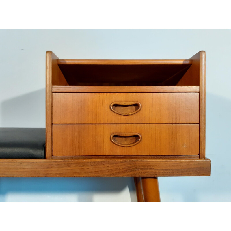 Vintage Teak and Black Leather Telephone Bench, Norwegian 1960