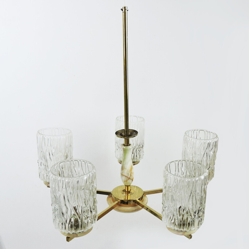 Vintage Glass Brass and Marble 5 Arm Chandelier 1960s