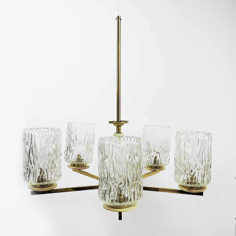 Vintage Glass Brass and Marble 5 Arm Chandelier 1960s