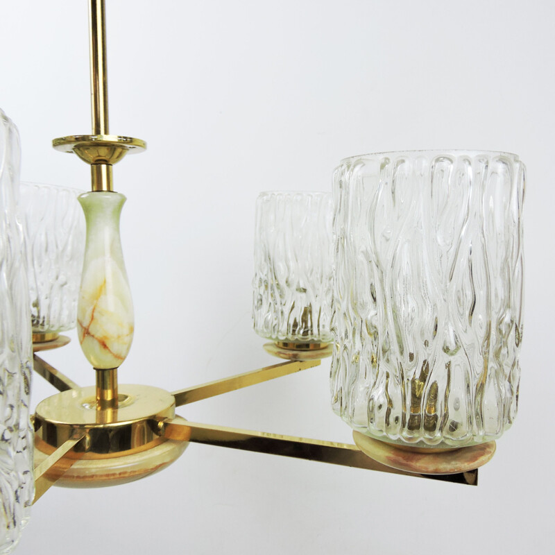 Vintage Glass Brass and Marble 5 Arm Chandelier 1960s