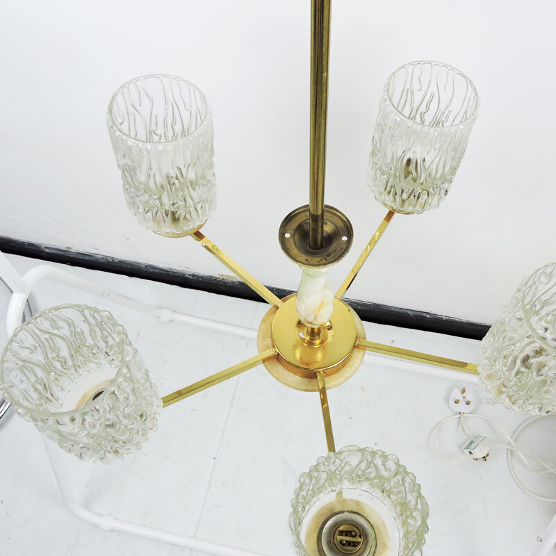 Vintage Glass Brass and Marble 5 Arm Chandelier 1960s