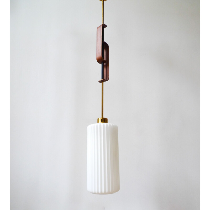 Mid-Century Stilnovo Brass Teak & Glass Pendant Light Italian 1950s