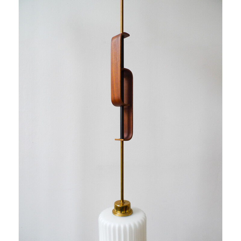 Mid-Century Stilnovo Brass Teak & Glass Pendant Light Italian 1950s