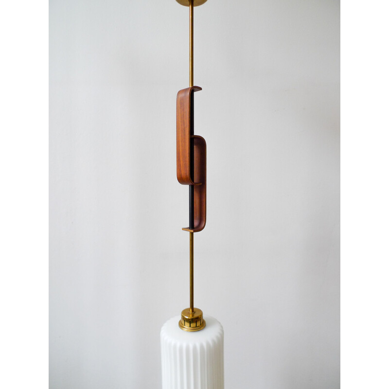 Mid-Century Stilnovo Brass Teak & Glass Pendant Light Italian 1950s