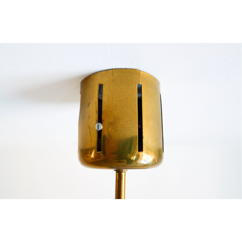 Mid-Century Stilnovo Brass Teak & Glass Pendant Light Italian 1950s