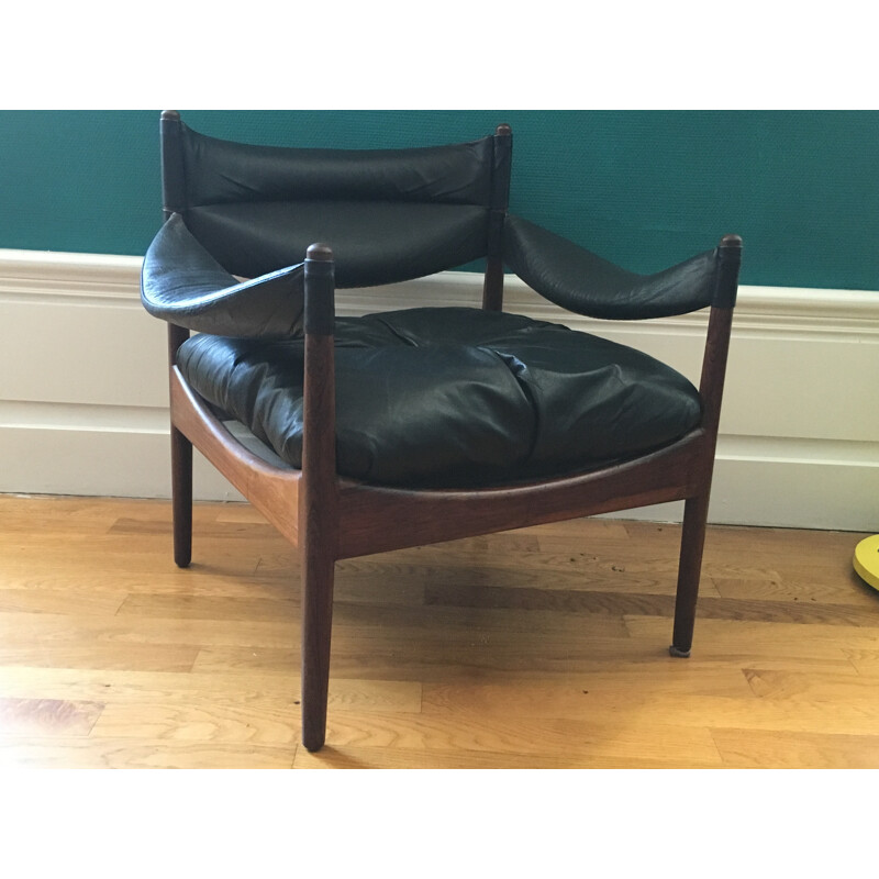 Mid-century pair of "Modus" armchairs in leather and rosewood, Kristian VEDEL - 1960s