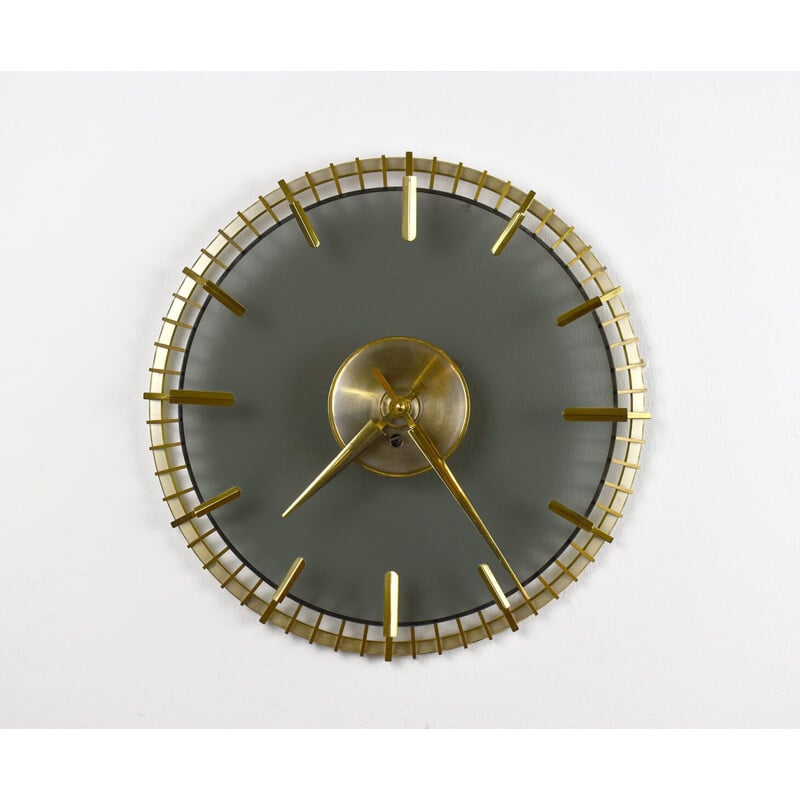 Vintage Wall Clock by Glass and Brass 1950s