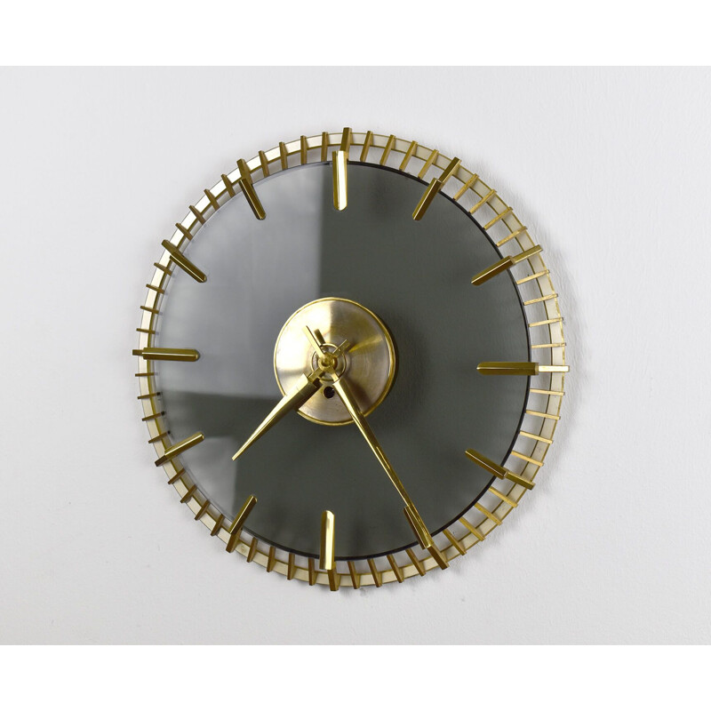Vintage Wall Clock by Glass and Brass 1950s