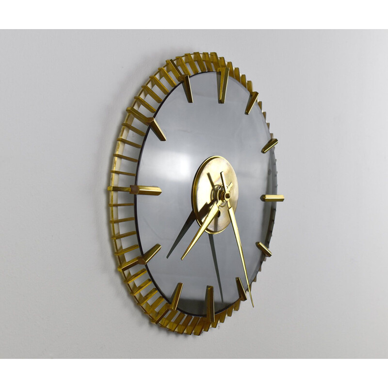 Vintage Wall Clock by Glass and Brass 1950s