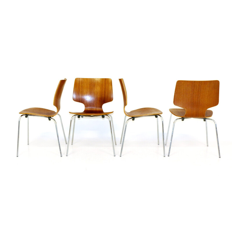 Conjunto de 4 cadeiras de teca e metal vintage Dinamarca 1950