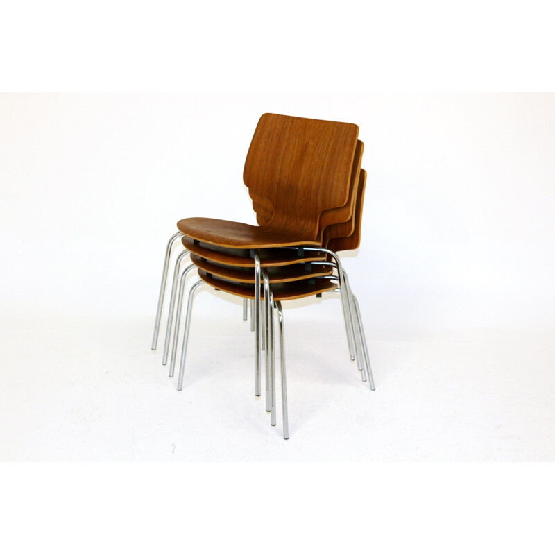 Conjunto de 4 cadeiras de teca e metal vintage Dinamarca 1950