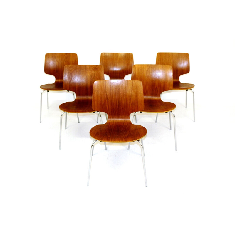 Set of 6 vintage teak and metal chairs Denmark 1970s