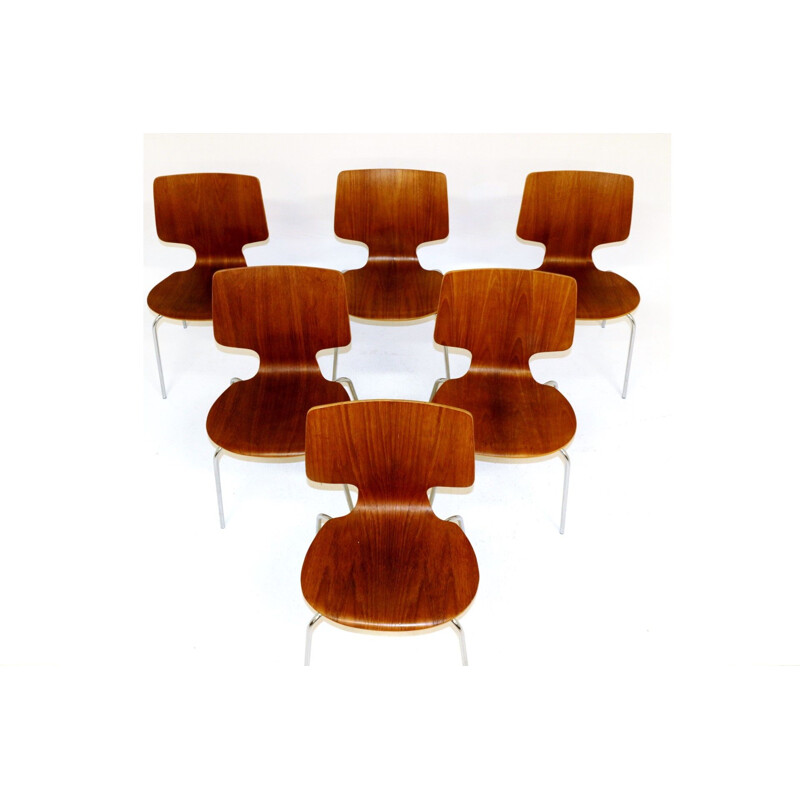 Set of 6 vintage teak and metal chairs Denmark 1970s