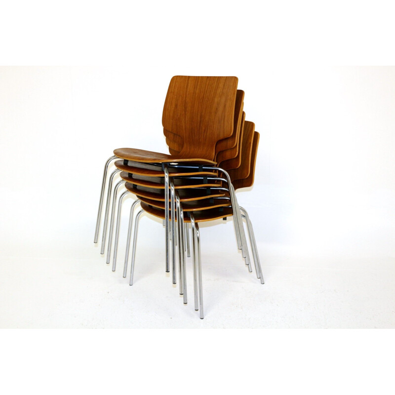 Lot de 6 chaises vintage en teck et en métal Danemark 1970