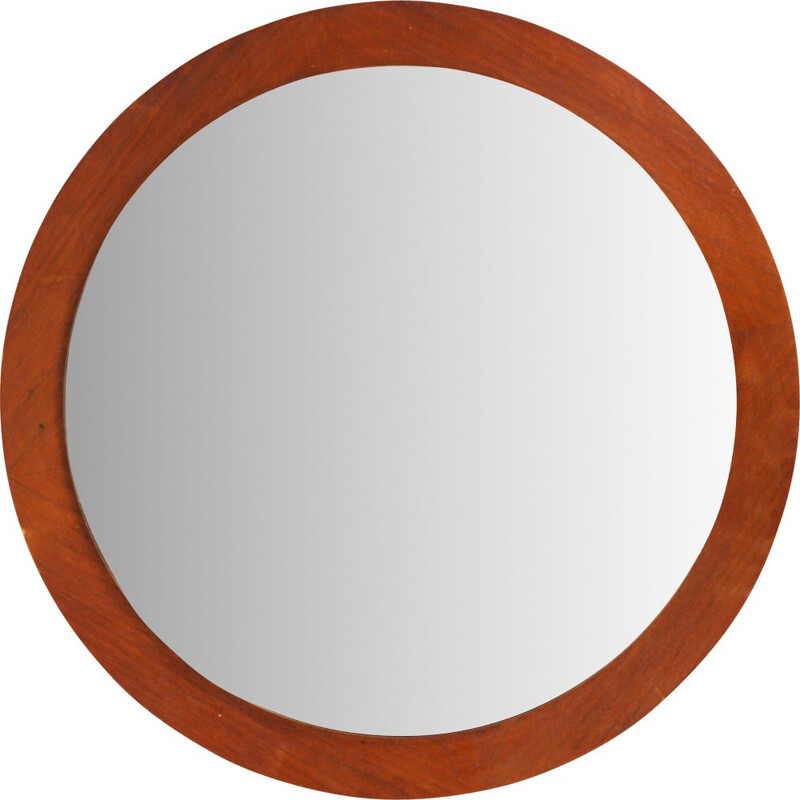 Vintage Round Wooden Mirror 1970s