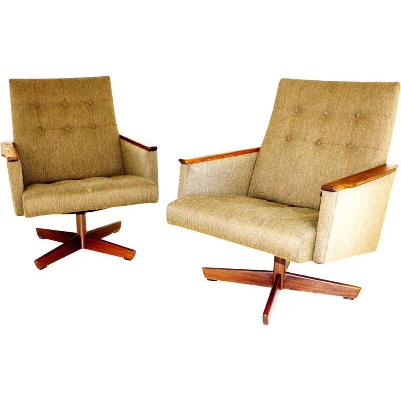 Pair of walnut rotating vintage armchairs, Sweden 1950