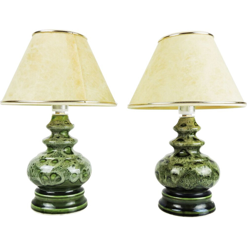 Paire de lampes de table vintage en céramique verte 1970