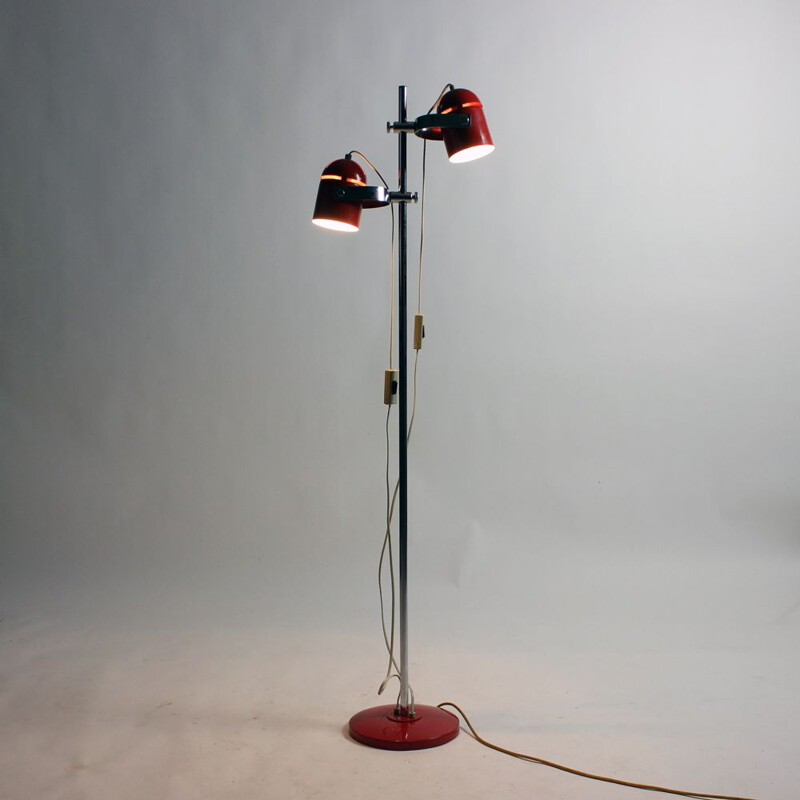 Vintage Floor Lamp Combi Lux In Red Metal & Chrome By Stanislav Indra Czechoslovakia 1970s