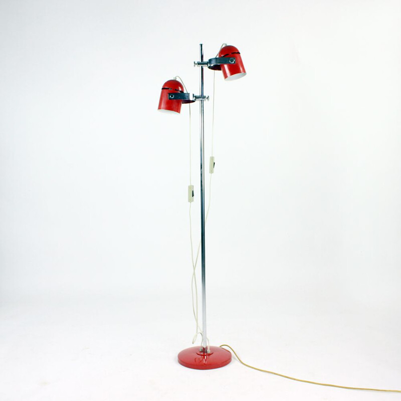 Vintage Floor Lamp Combi Lux In Red Metal & Chrome By Stanislav Indra Czechoslovakia 1970s