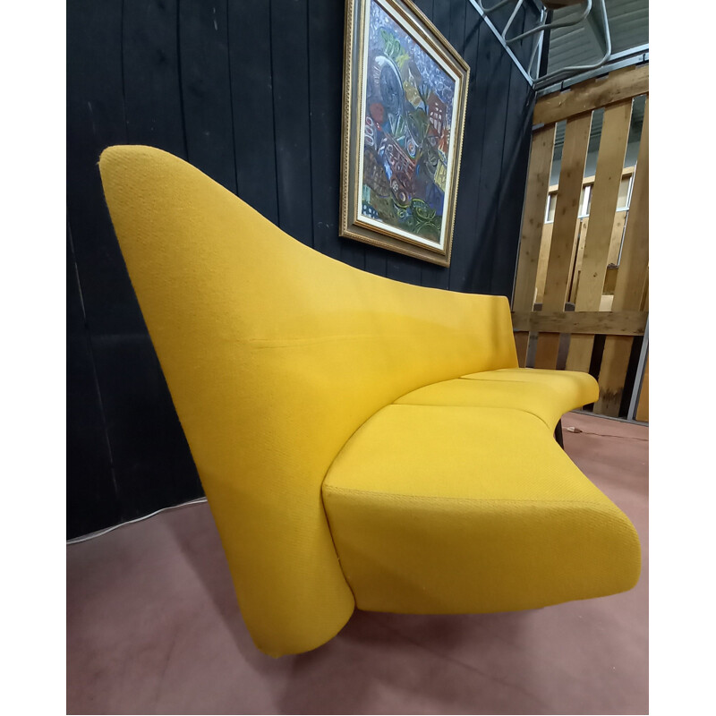 Vintage curved 3-seater sofa in yellow fabric with metal structure1980s