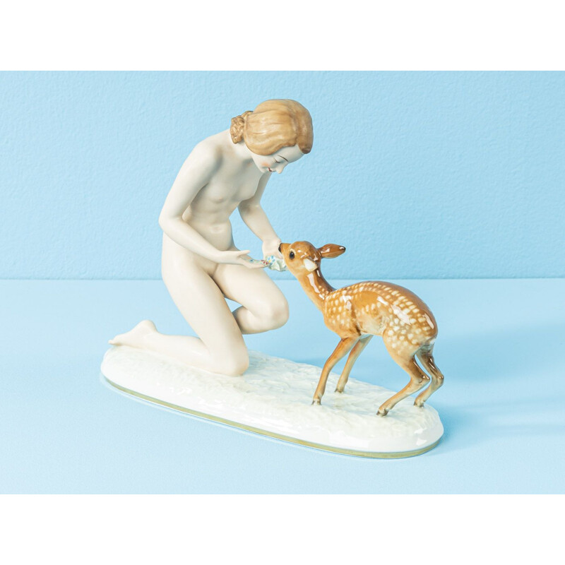 Vintage porcelain figurines nude woman with fawn 1930s