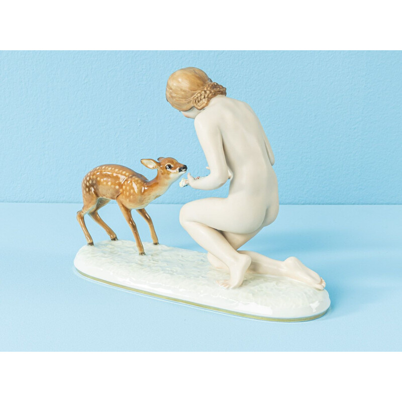 Figurines vintage en porcelaine femme nue avec faon 1930