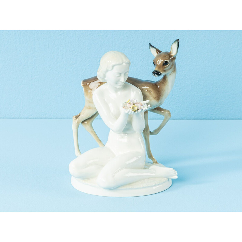 Vintage porcelain figures with fawn by Carl Werner for Hutschenreuther, Germany 1950