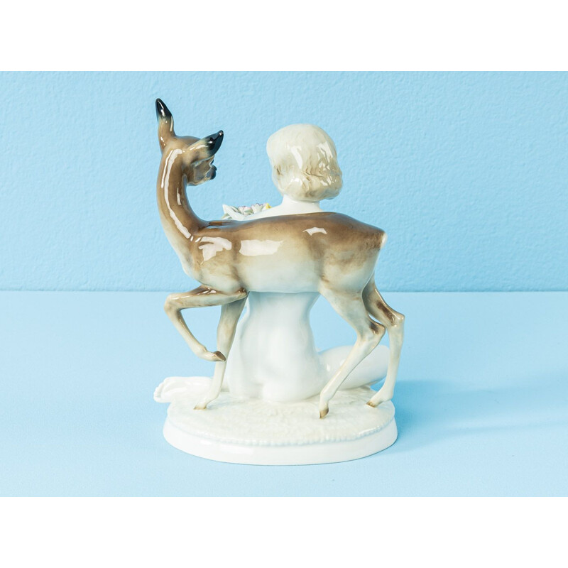 Figure in porcellana d'epoca con cerbiatto di Carl Werner per Hutschenreuther, Germania 1950
