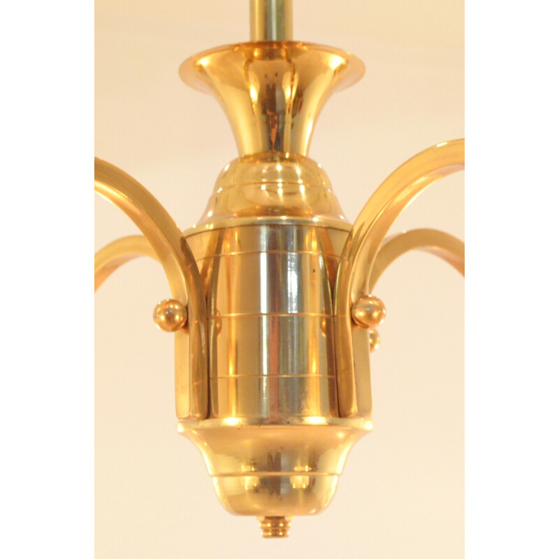 4 lamp shades chandelier in glass and brass - 1950s