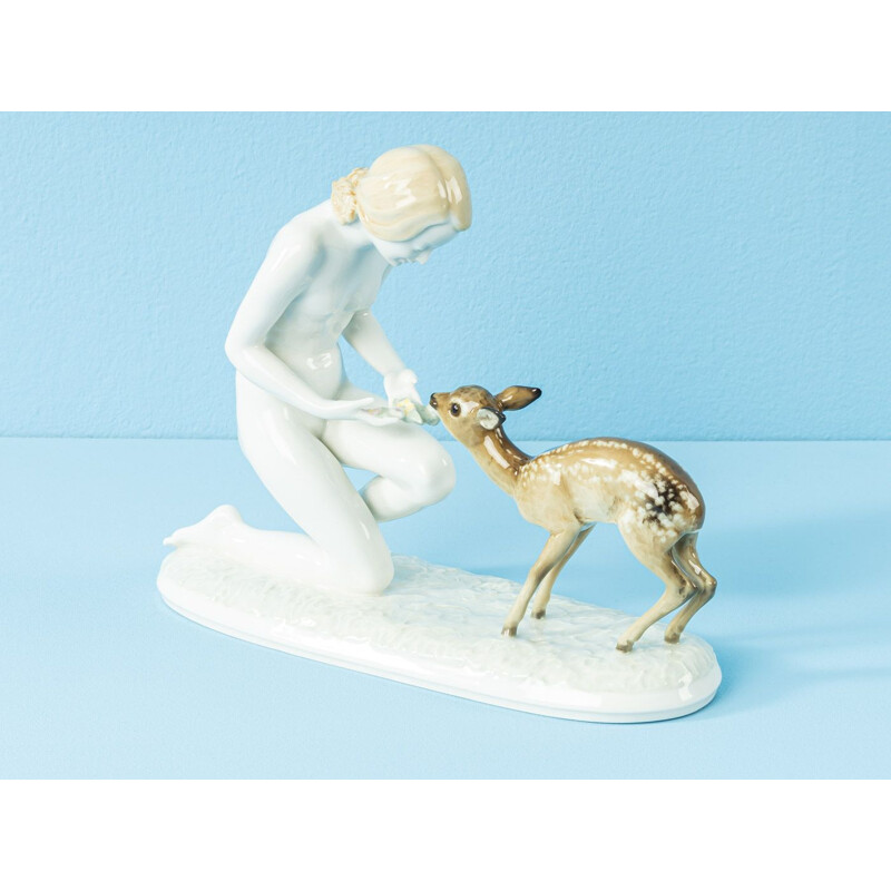 Vintage porcelain figurines Woman with fawn 1950s