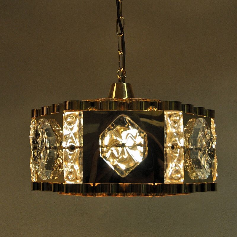 Lampada a sospensione vintage in ottone e vetro di As Metall, Norvegia 1970