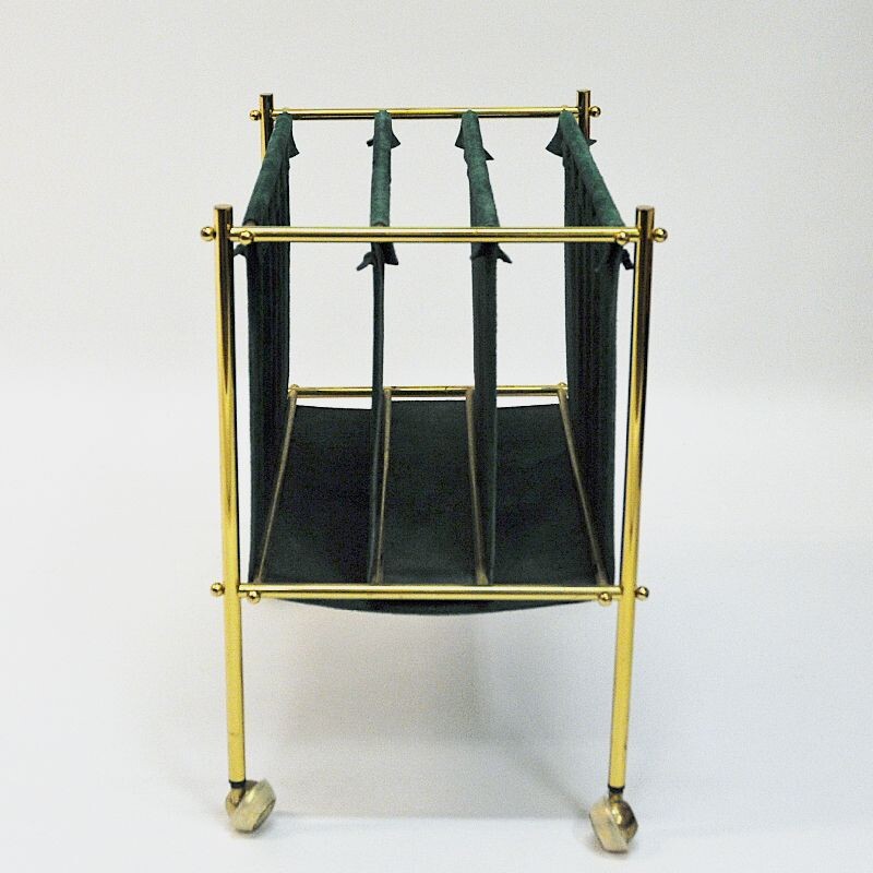 Vintage leather and brass newspaper stand, Scandinavia 1960