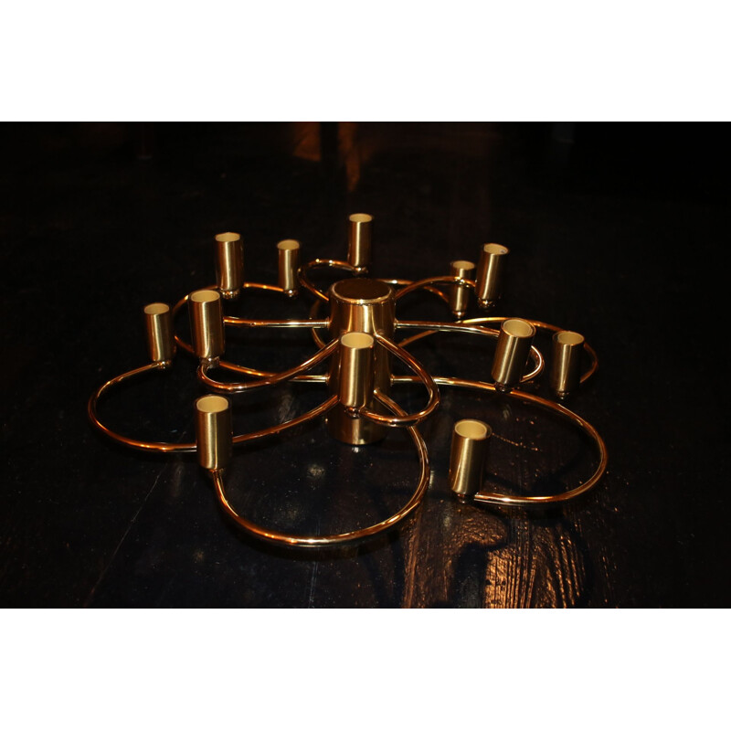 Vintage two-tier brass 12 light chandelier by Helestra 1970s