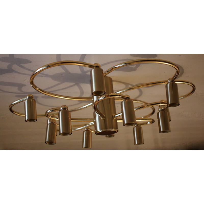 Vintage two-tier brass 12 light chandelier by Helestra 1970s
