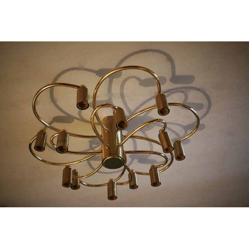 Vintage two-tier brass 12 light chandelier by Helestra 1970s