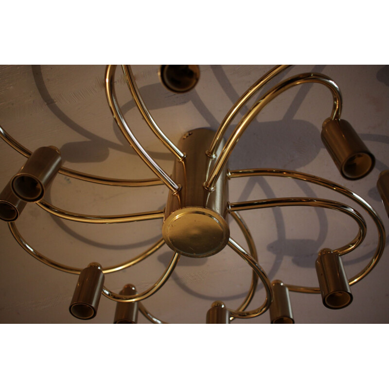 Vintage two-tier brass 12 light chandelier by Helestra 1970s