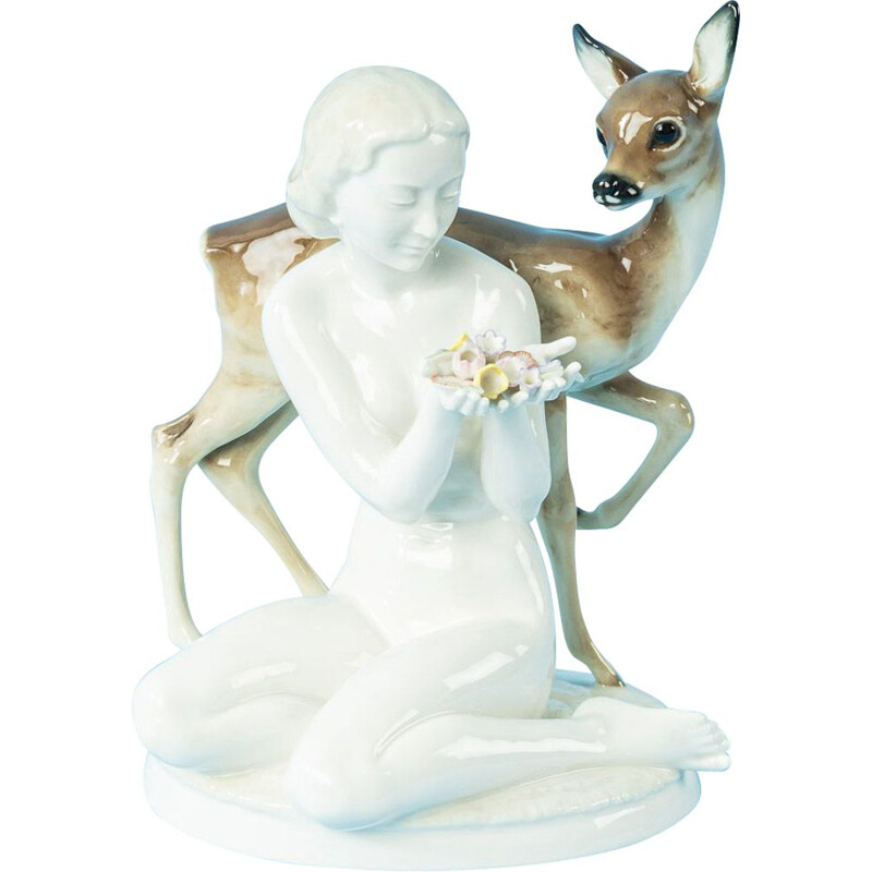 Vintage porcelain figures with fawn by Carl Werner for Hutschenreuther, Germany 1950