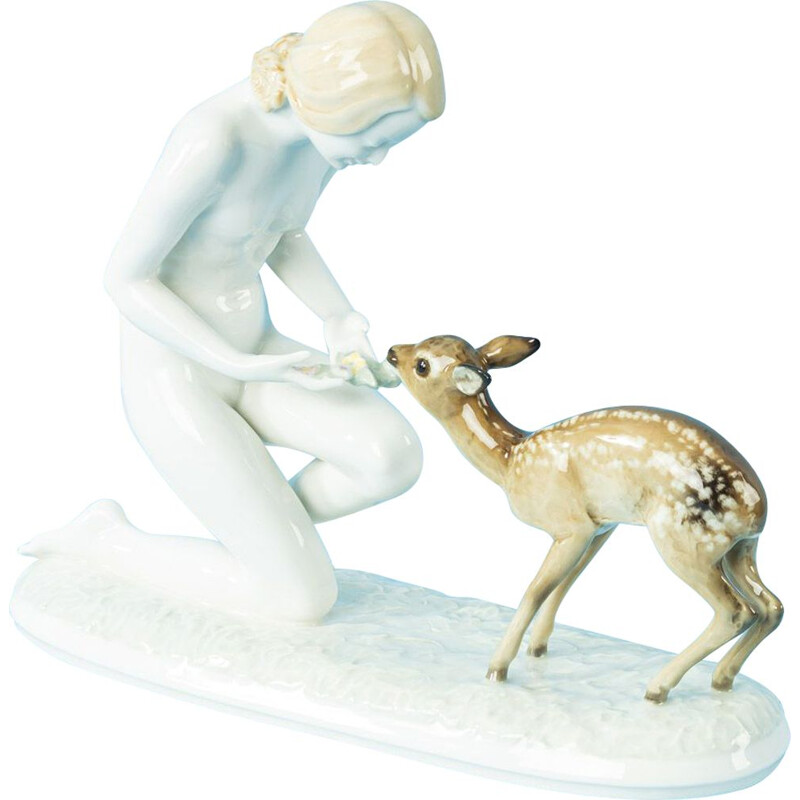 Vintage porcelain figurines Woman with fawn 1950s