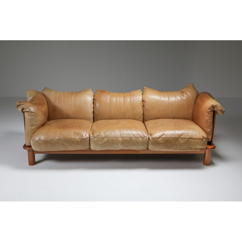 Vintage Sofa from De Pas,Camel Leather & Walnut  D'Urbino Lomazzi for Padova 1970s