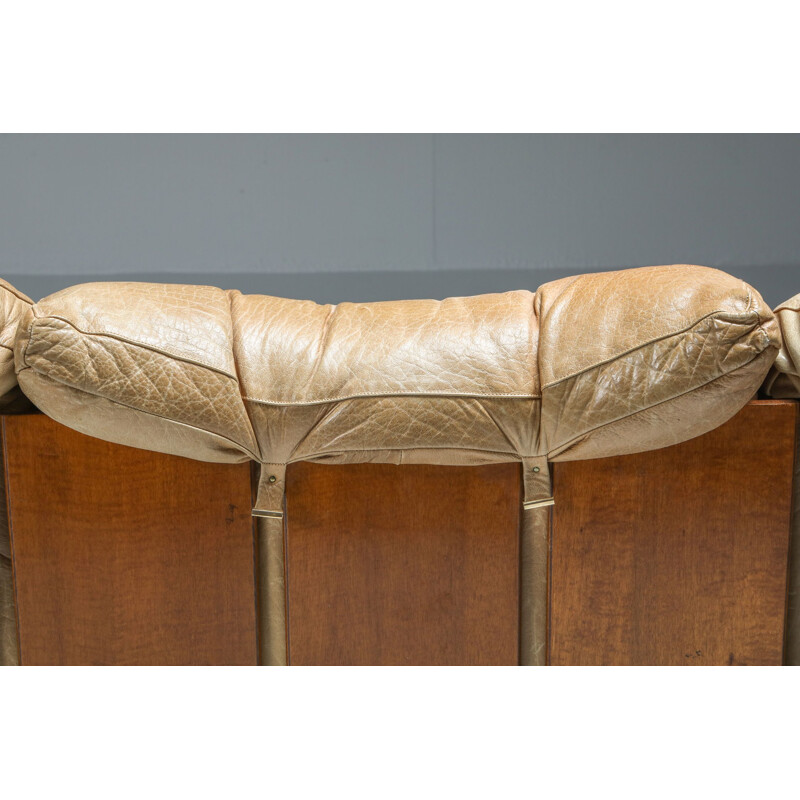 Vintage Sofa from De Pas,Camel Leather & Walnut  D'Urbino Lomazzi for Padova 1970s