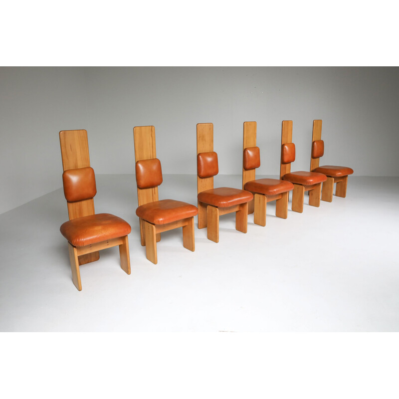 Set of 6 vintage Beech and Leather Dining Chairs by Mario Marenco Italy 1970s