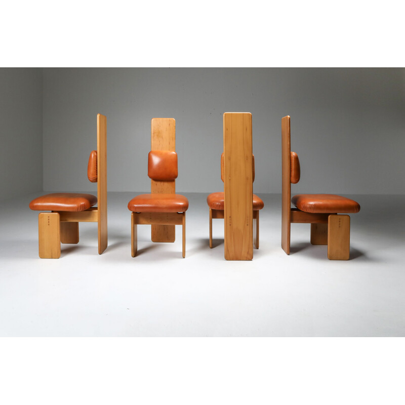 Set of 6 vintage Beech and Leather Dining Chairs by Mario Marenco Italy 1970s